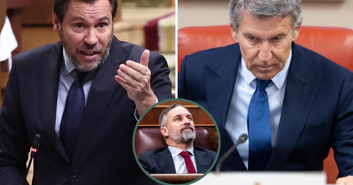 Imágenes de archivo del ministro de Transporte, Óscar Puente, el presidente del PP, Alberto Núñez Feijóo, y el líder de Vox, Santiago Abascal, en un detalle en el círculo; respectivamente.