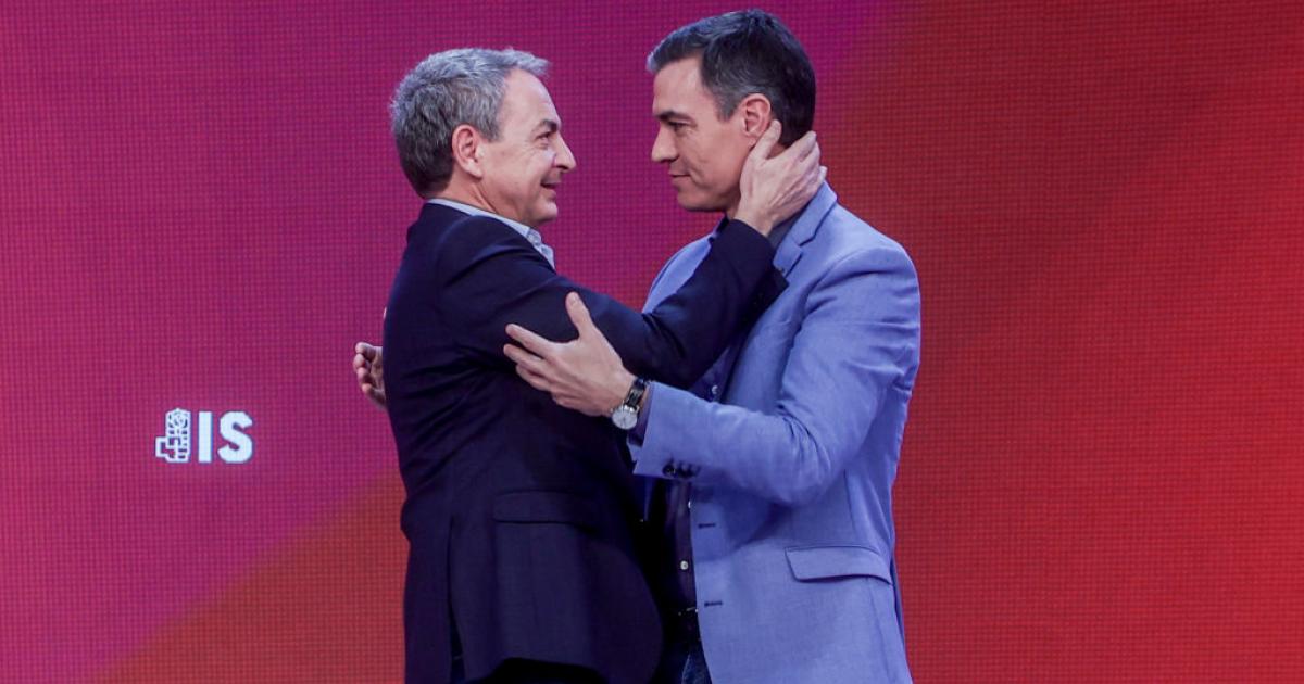 MADRID, SPAIN - NOVEMBER 27: Former Prime Minister Jose Luis Rodriguez Zapatero (left) embraces the new president of the Socialist International, Pedro Sanchez, during the last day of the XXVI Congress of the Socialist International (SI), at IFEMA Madrid, on 27 November, 2022 in Madrid, Spain. In this last session of the Congress of the SI, an international organization of social democratic, socialist and labor parties, takes place the proclamation of Sanchez as the first Spanish president of the Socialist International. The Secretary General of the Spanish Socialist Workers' Party (PSOE), and President of the Spanish Government, Pedro Sanchez, was already proclaimed in this position at the beginning of the Congress. He is the only candidate who ran to replace the Greek, Yorgos Papandreu, who had been in office since 2006.

 He is the only candidate who ran to replace the Greek, Yorgos Papandreu, who had been in office since 2006. (Photo By Ricardo Rubio/Europa Press via Getty Images)