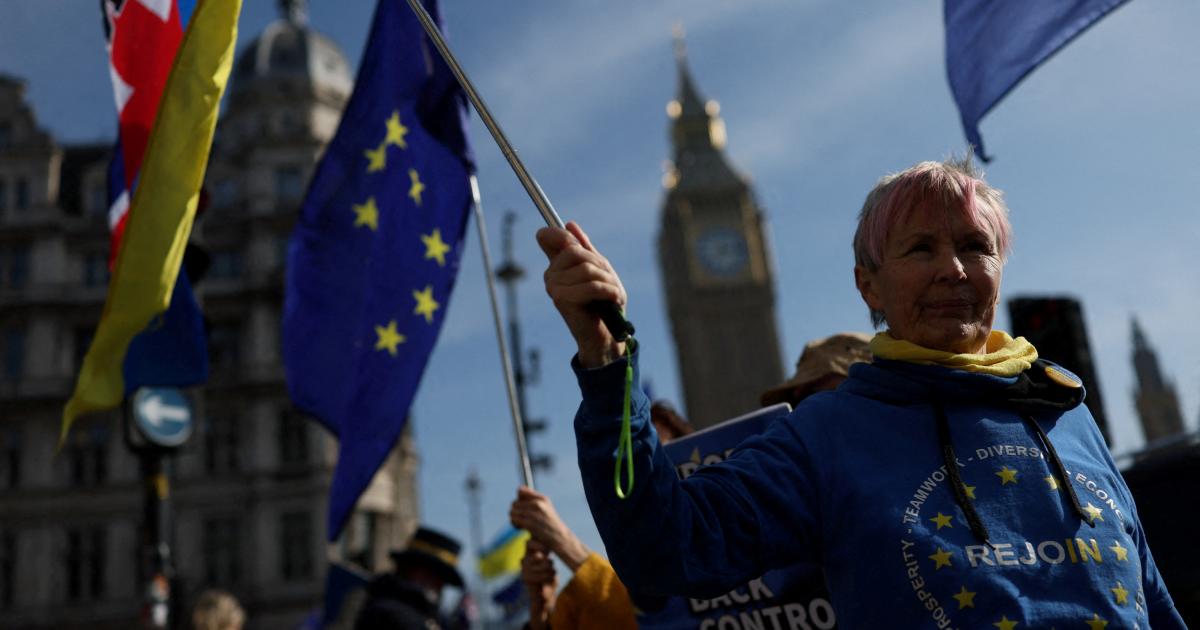 Un manifestante antibrexit ondea banderas de la UE y de Ucrania durante una protesta frente al Parlamento británico en Westminster, Londres, el 5 de marzo de 2025.