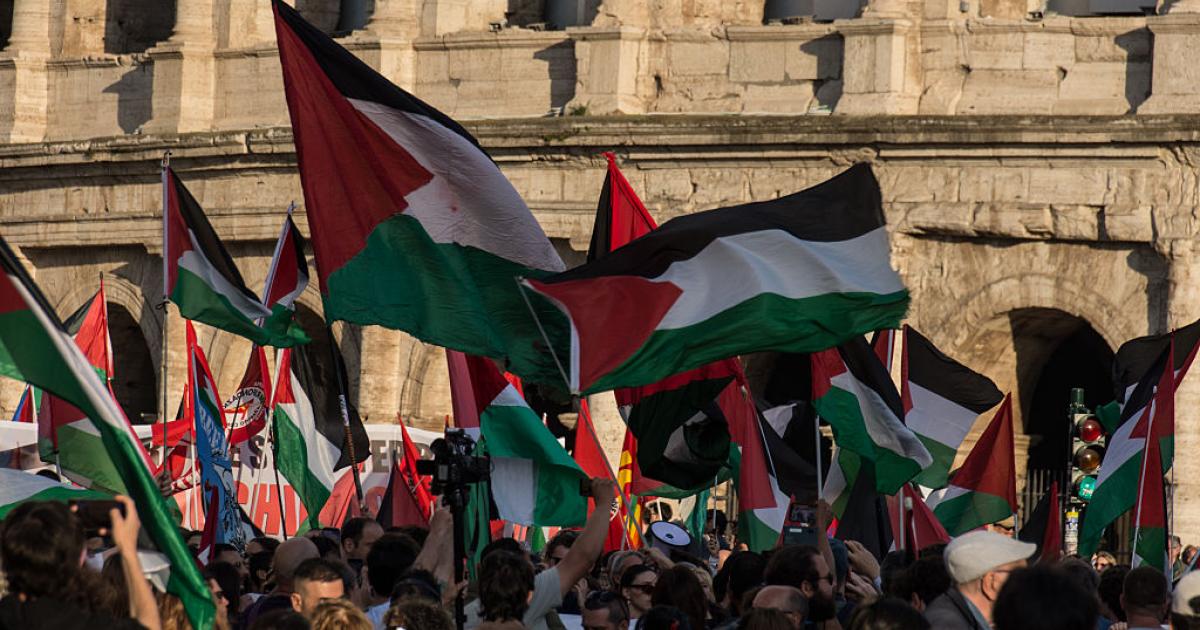 People participate in a demonstration 'For Palestine and against all war in support of the Flotilla' in Rome, Italy, on April 30, 2026. The flotilla is part of the 'Spring 2026 Mission,' an international effort to challenge the maritime blockade and deliver medical supplies to Palestinian boats in Gaza. Israeli forces conduct operations involving the Global Sumud Flotilla boats in international waters. (Photo by Andrea Ronchini/NurPhoto via Getty Images)