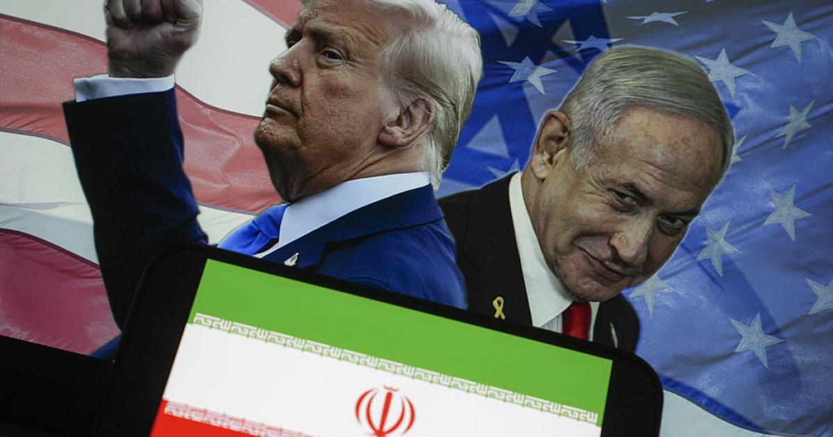 Ilustración que muestra al presidente de EEUU, Donald Trump, y al primer ministro de Israel, Benjamin Netanyahu, sobre las banderas de sus países y de Irán.