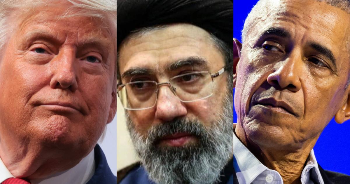 El actual presidente de EEUU, Donald Trump; el líder supremo de Irán, Mojtaba Jamenei, y el expresidente norteamericano, Barack Obama, en imágenes de archivo.