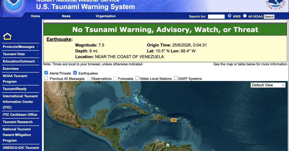 Captura de pantalla de la web del Centro Nacional de Alerta de Tsunamis de Estados Unidos.