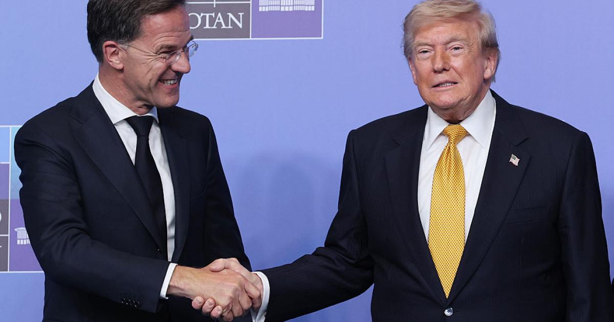 ANKARA, TURKEY - JULY 08: NATO Secretary General Mark Rutte greets Donald Trump, President of United States during a welcome ceremony of allied heads of state and government, on July 08, 2026 in Ankara, Turkey. Leaders from NATO's 32 countries, plus NATO allies like Ukraine, gathered in the Turkish capital to discuss a range of issues involving spending targets, defense industrial production, and support for Ukraine, among other topics. (Photo by Win McNamee/Getty Images)