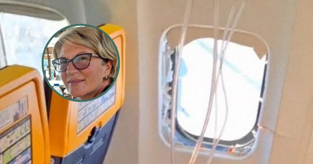 Imagen tomada de una grabación del interior del avión y en un círculo, la mujer del hombre que fue succionado por la ventanilla rota