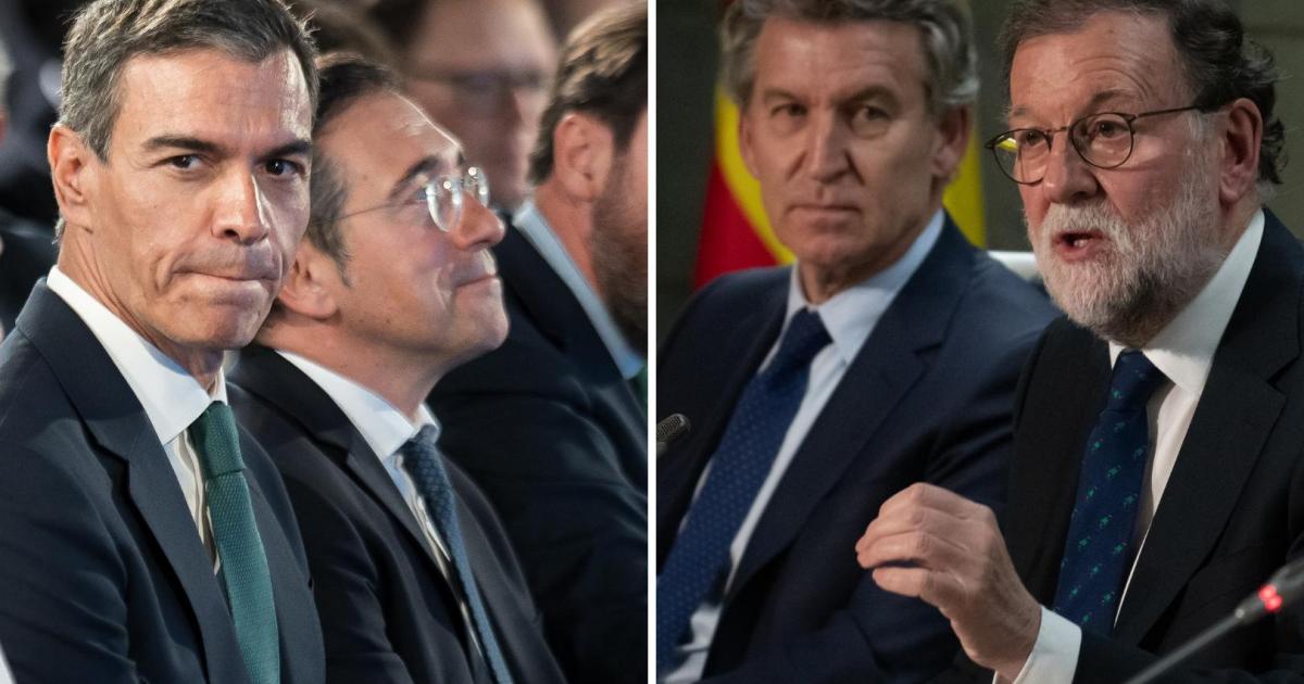 Combo de imágenes de archivo del presidente, Pedro Sánchez, y el ministro de Exteriores José Manuel Albares; frente al presidente del PP, Núñez Feijóo y el expresidente Mariano Rajoy.