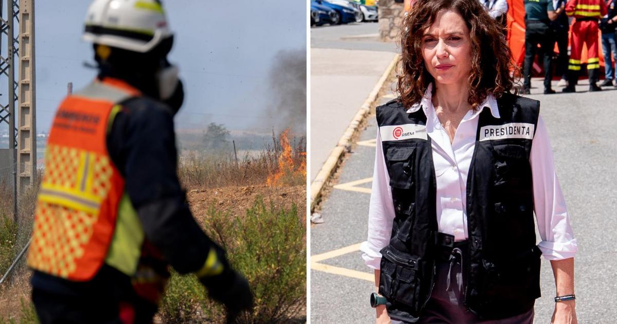Montaje con un bombero trabajando en las labores de extinción de los incendios de Madrid y la presidenta de la región, Isabel Díaz Ayuso, en su visita al puesto de mando.