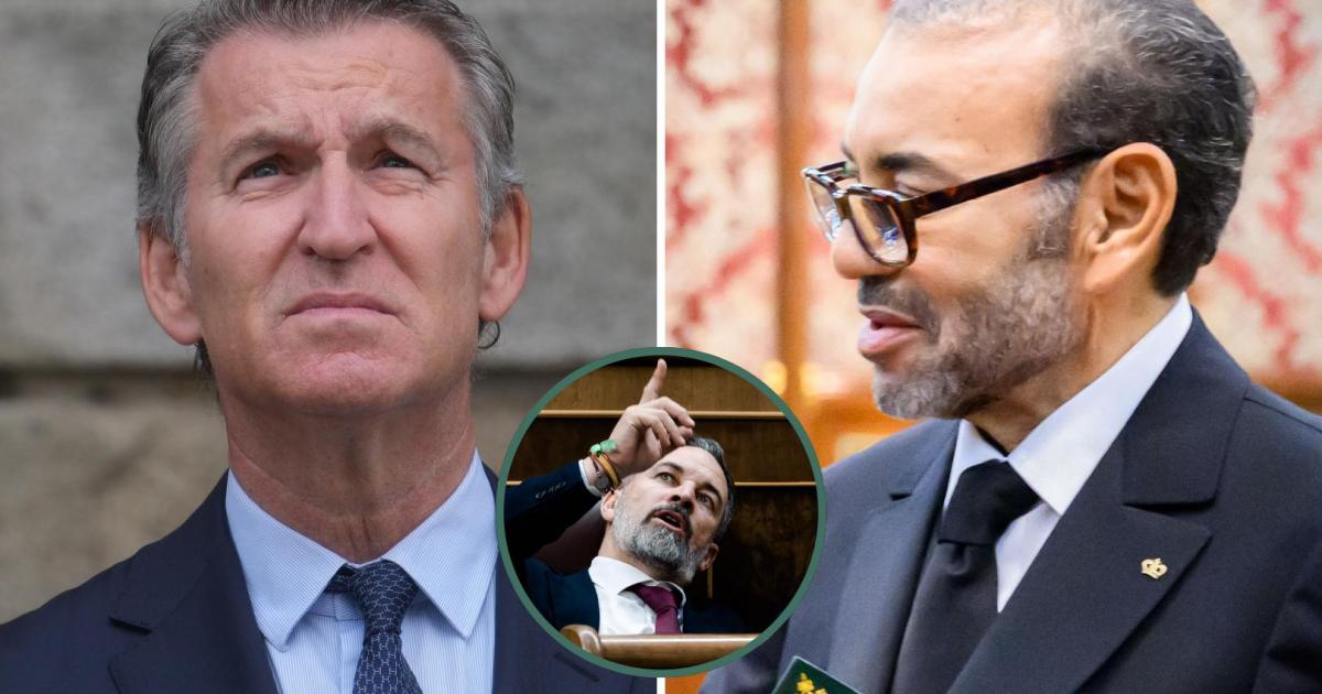 El líder del PP, Alberto Núñez Feijóo; el rey de Marruecos, Mohamed VI; y el líder de Vox, Santiago Abascal, en respectivas imagénes de archivo.