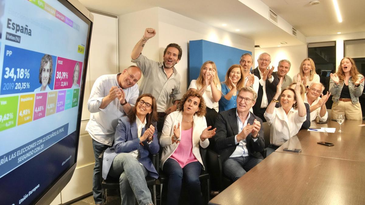Fotografía publicada en la cuenta de la red social X de Alberto Núñez Feijóo, del momento en que se han hecho públicos los primeros resultados provisionales de las elecciones europeas