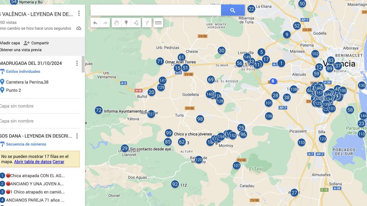 Detalle del mapa creado para encontrar a las personas desaparecidas o incomunicadas por la DANA.