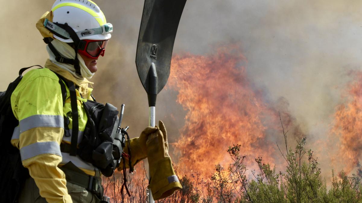 Un brigadista ante una lengua de fuego procedente del Incendio forestal que afecta a Puercas (Zamora), en la Sierra de la Culebra.