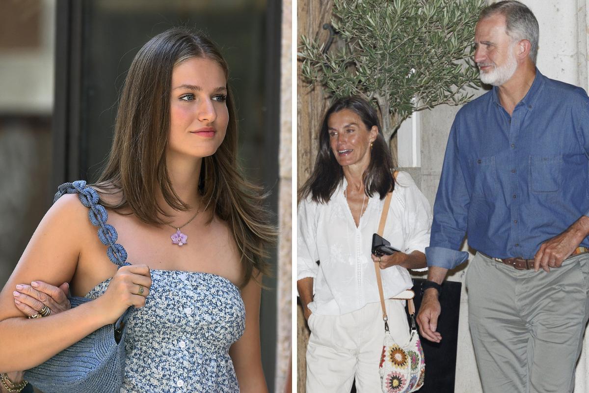 La princesa Leonor, fotografiada en Mallorca este verano, y los reyes Felipe y Letizia saliendo este jueves de una marisquería en Madrid.