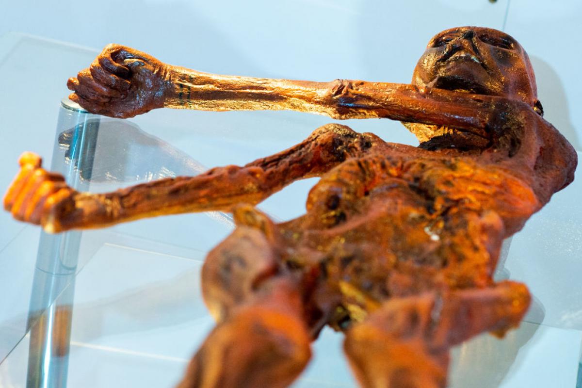 Los restos de Ötzi, la momia natural más antigua de Europa, descubierta en los Alpes.