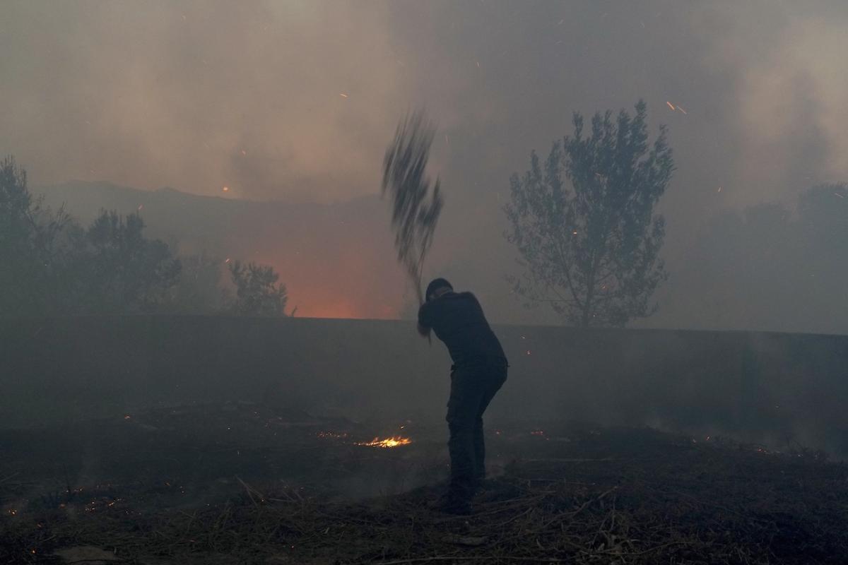 Un hombre intenta apagar el fuego con una rama en uno de los incendios que arrasan Portugal.