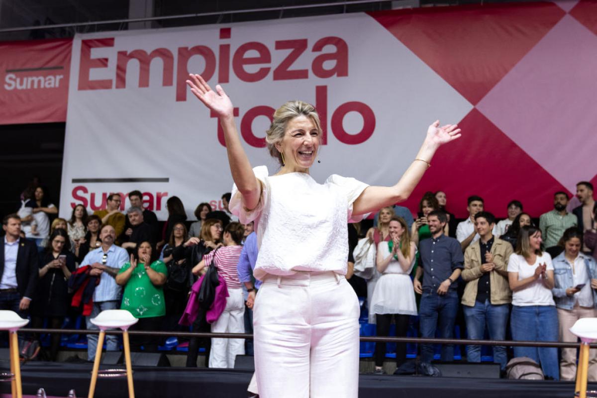 La líder de Sumar, Yolanda Díaz, durante el acto de Magariños el pasado 2 de abril, cuando presentó su candidatura.