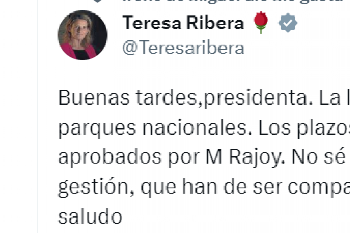 Captura del Tuit de respuesta de Teresa Ribera a María Guardiola.