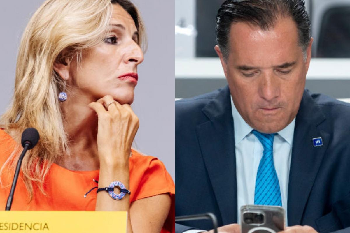 La vicepresidenta segunda del Gobierno y ministra de Trabajo en funciones, Yolanda Díaz, y su homólogo de cartera griego, Adonis Georgiadis; en sendas imágenes de archivo.