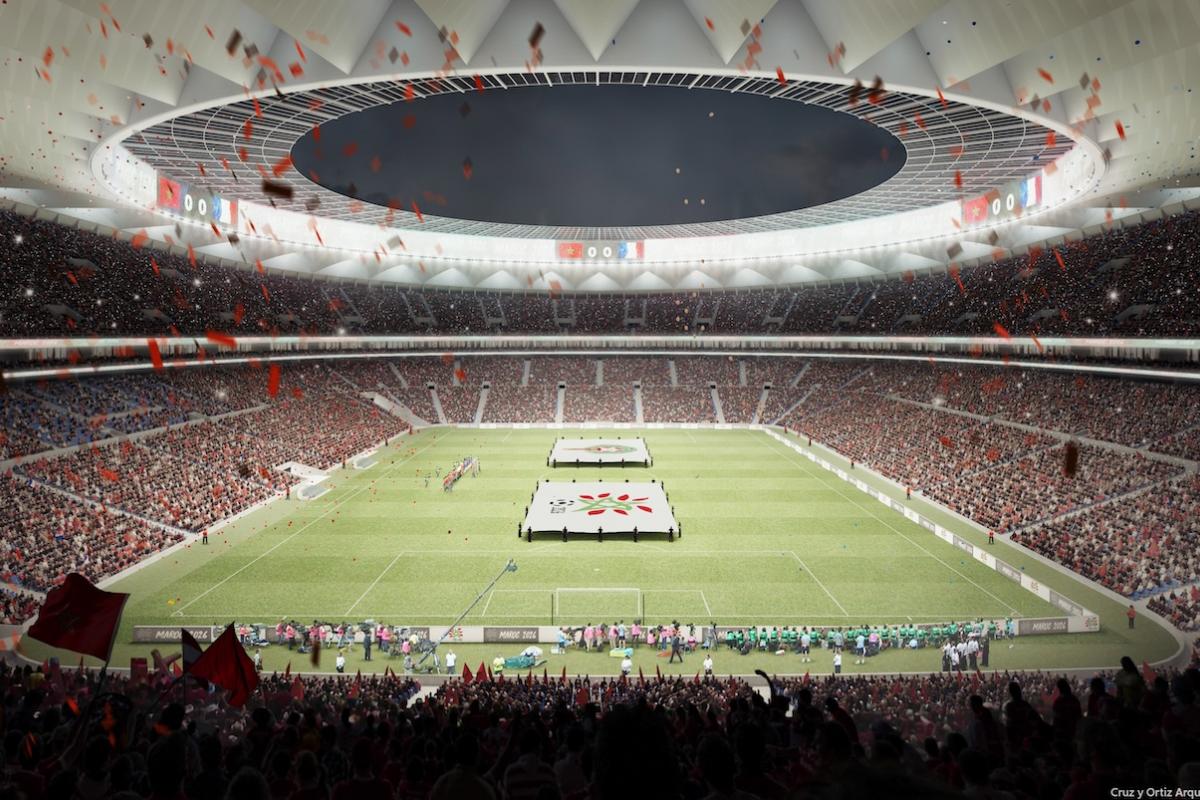 Imagen del proyecto de Cruz y Ortiz para el gran estadio del Mundial de Fútbol 2030 que planea construir Marruecos.