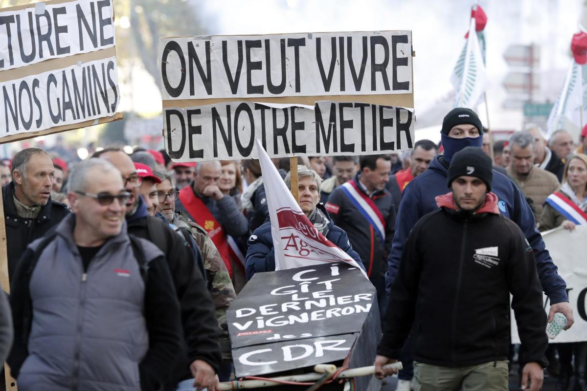 Miles de viticultores franceses protestan contra las importaciones de vino español.