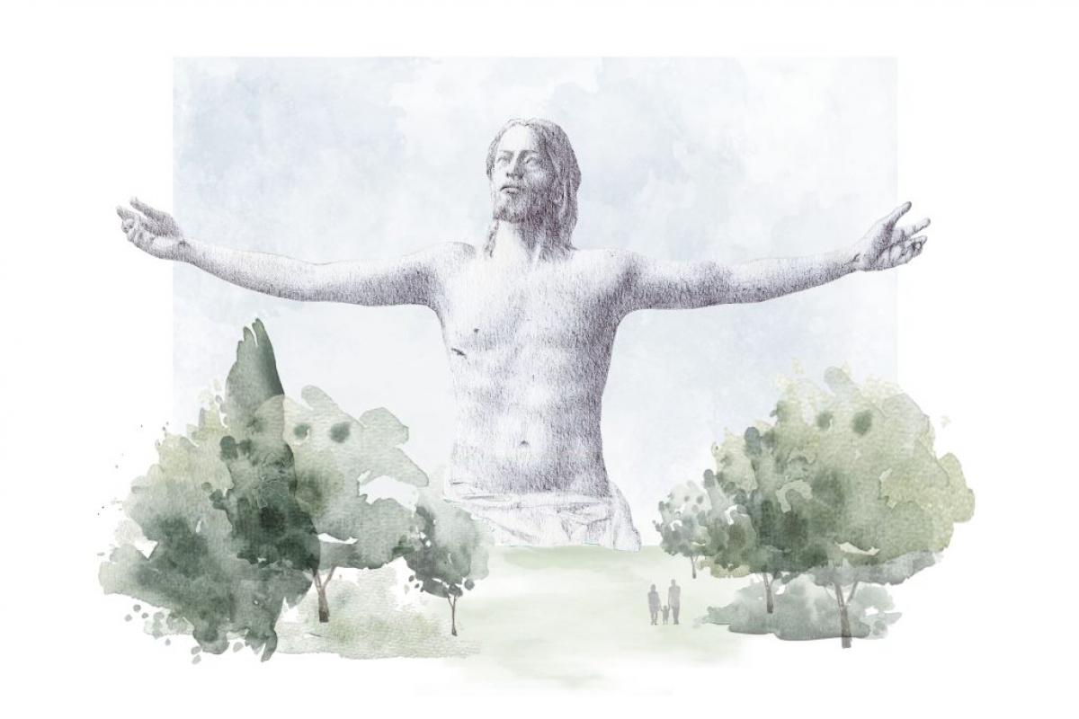 Boceto de Javier Viver con la escultura gigante del Jesús de Sagrado Corazón.