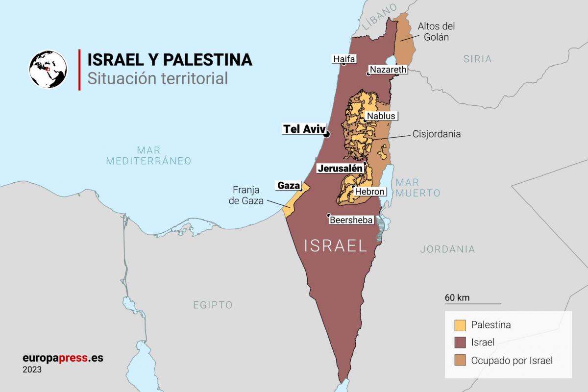 Mapa de Israel, Palestina, Líbano y alrededores