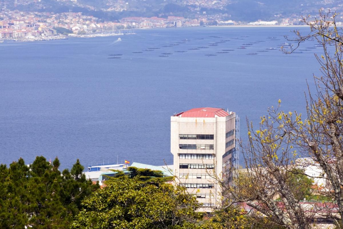 Vista del edificio del Ayuntamiento de Vigo con la ría de fondo.