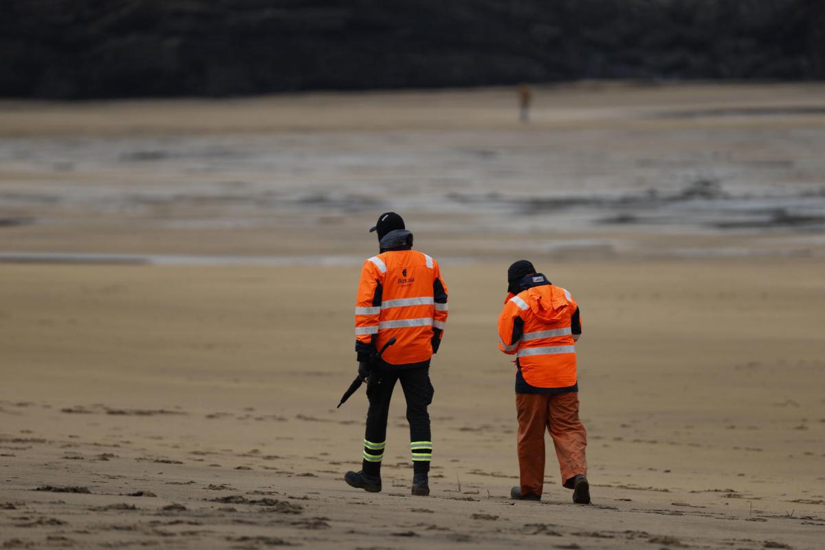 Personal de la diputación vizcaína busca este jueves 'pellets' en la playa vizcaína de La Arena.