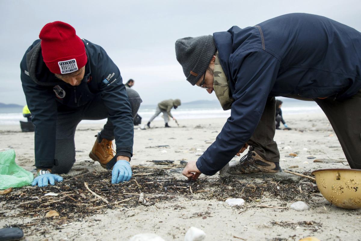 Voluntarios recogen pellets en la playa de Nigrán, en Pontevedra.