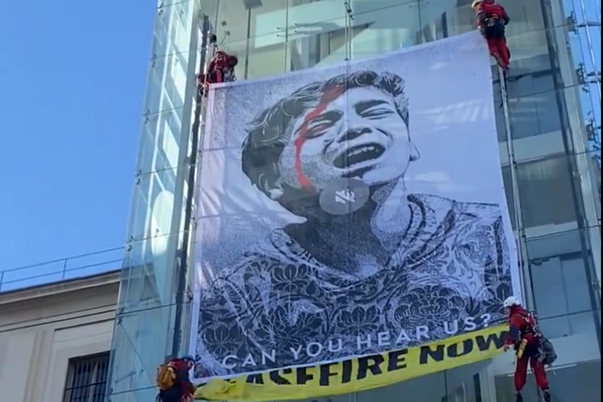 Momento en el que los activistas despliegan la lona en el Museo Reina Sofía.
