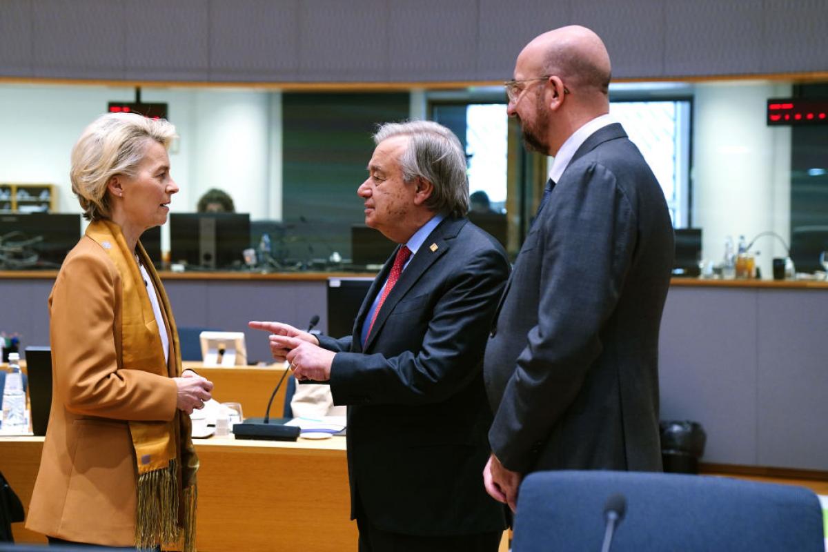 Ursula von der Leyen y Charles Michel, en una reunión de la UE con Antonio Guterres