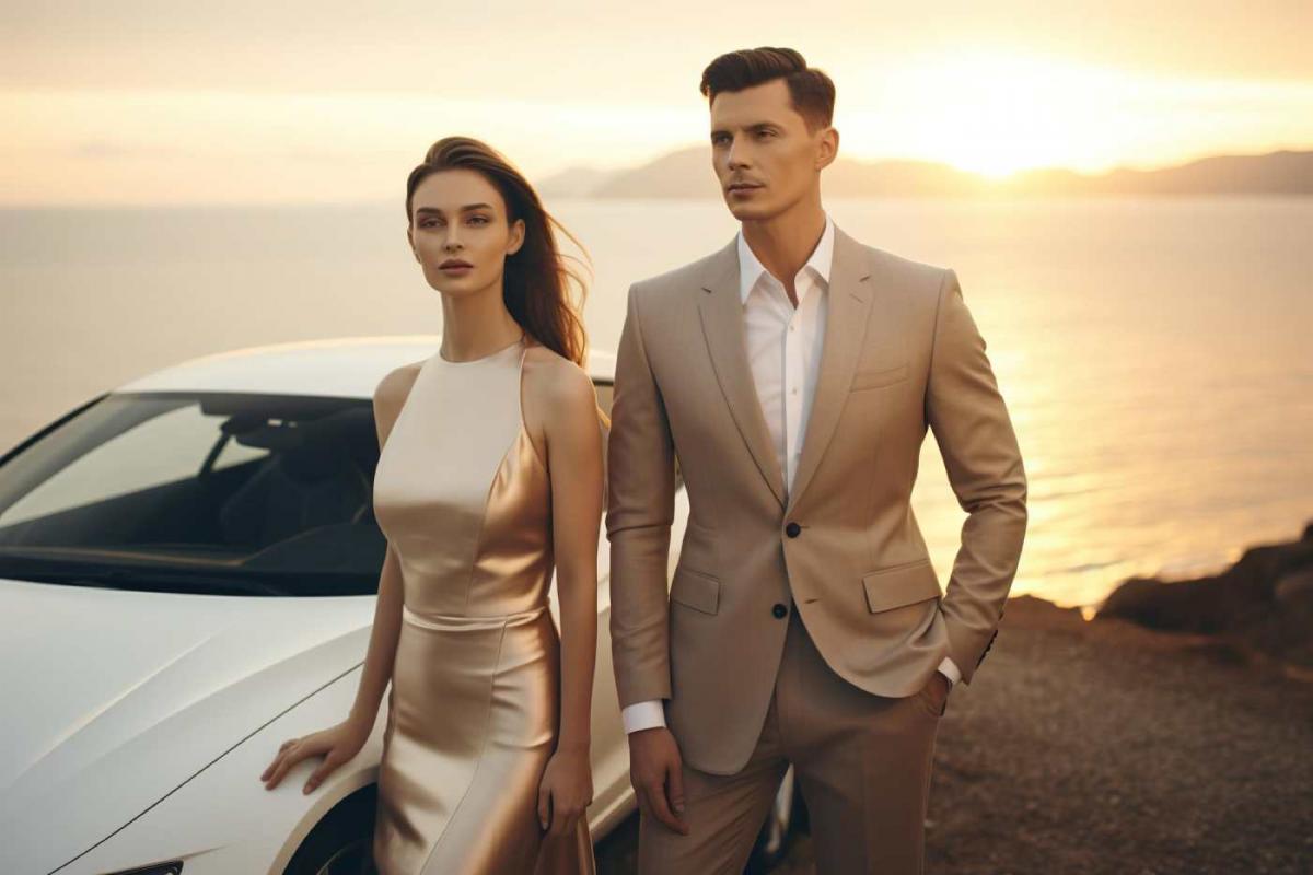 Pareja adinerada ante una puesta de sol