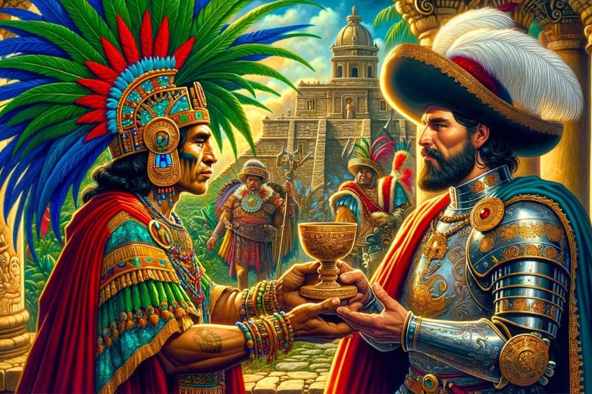 Representación artística de Moctezuma ofreciendo el brebaje misterioso a Hernán Cortes
