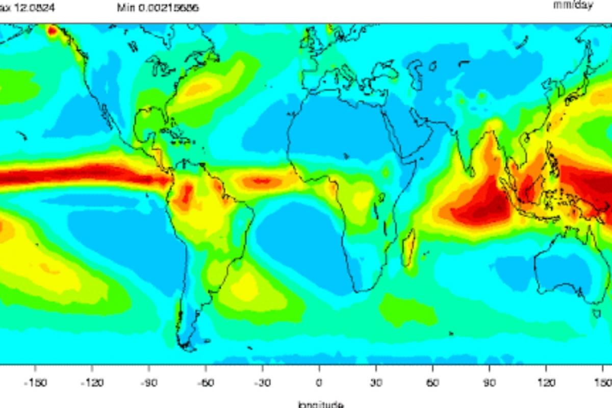 Mapa que muestra grandes cambios en la precipitación en los trópicos, con un desplazamiento hacia el sur de la Zona de Convergencia Intertropical Atlántica.