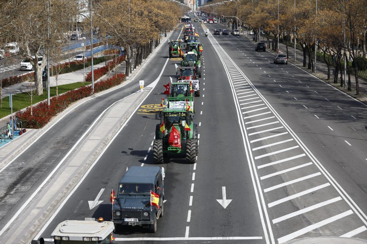 Varios tractores a su paso por el Paseo de la Castellana este domingo en Madrid.