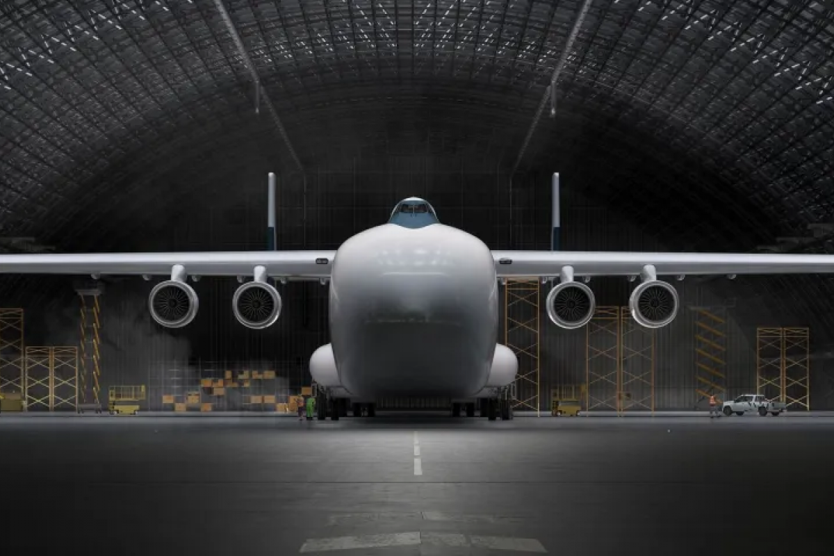 Recreación digital del futuro Windrunner, el avión más grande del mundo.