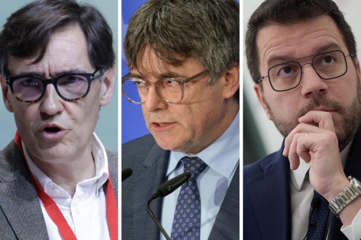 El primer secretario del PSC, Salvador Illa (PSOE), el expresident Carles Puigdemont (Junts) y el president Pere Aragonès (ERC); en sendas imágenes de archivo.