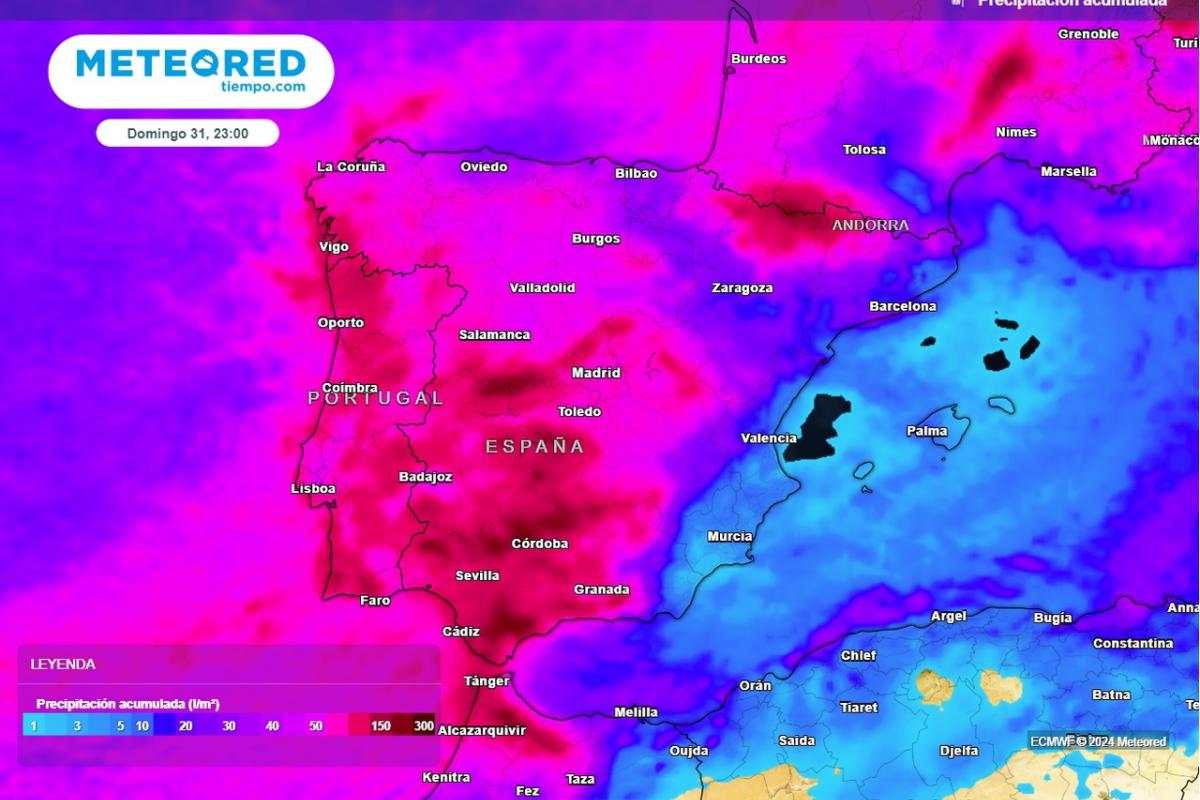 Mapa de precipitación acumulada hasta el domingo 31 de marzo