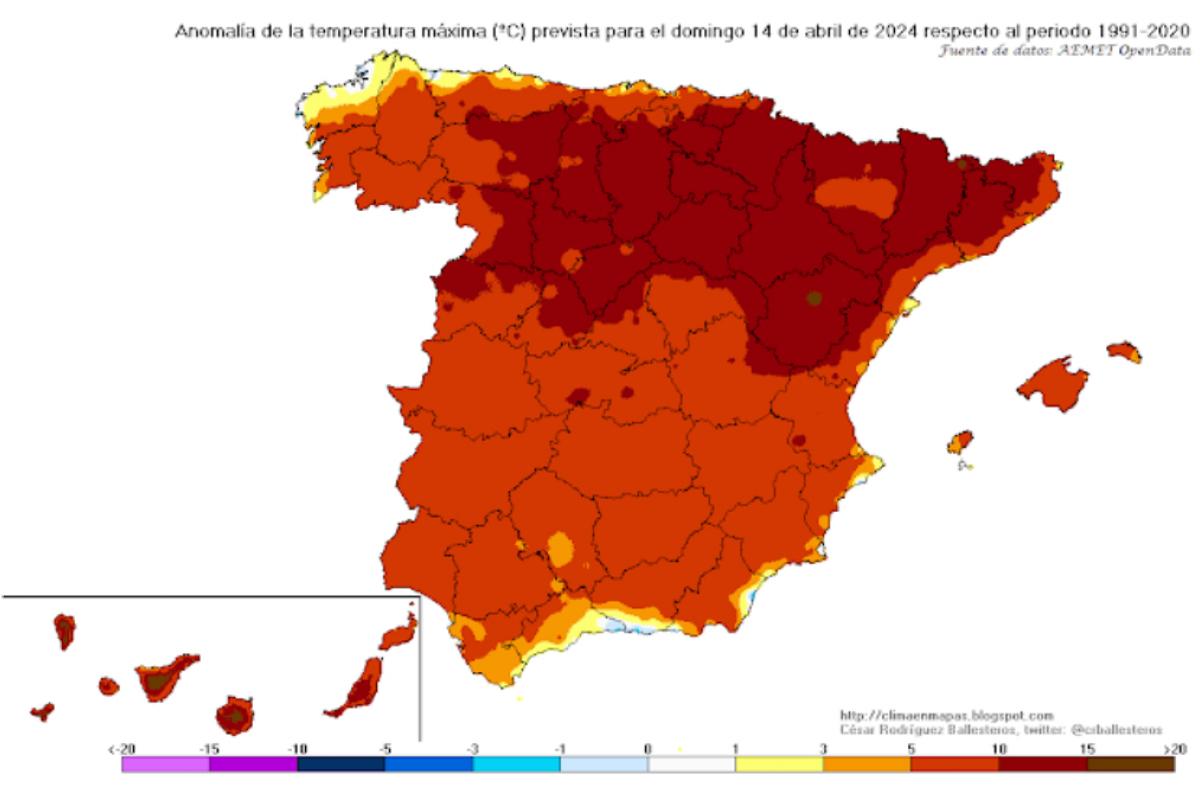 Anomalía de la temperatura mínima prevista para el domingo 14 de abril