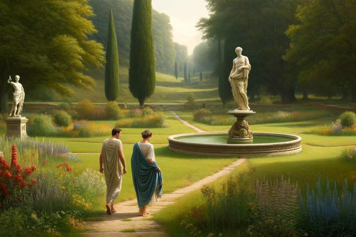Una pareja de la Antigua Roma paseando por un parque idilico