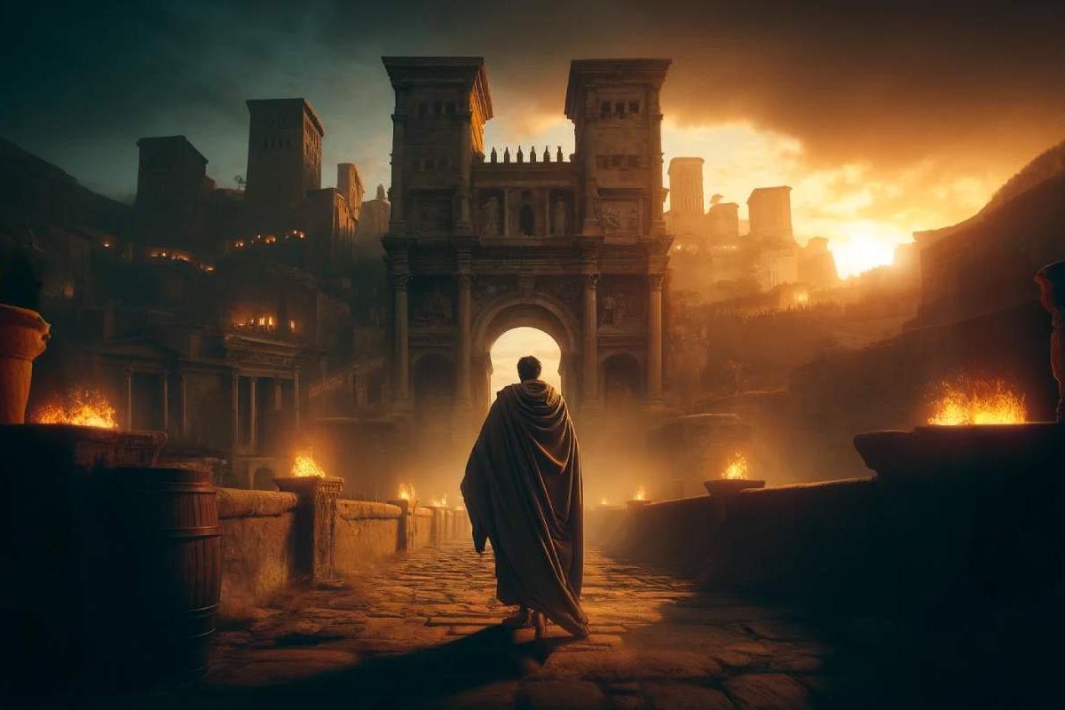 Romano entrando en una ciudad al atardecer