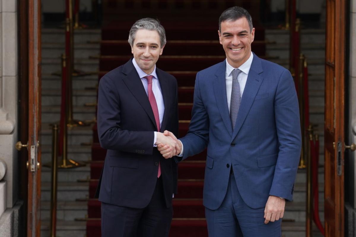 El primer ministro irlandés, Simon Harris, recibe en Dublín al Presidente del Gobierno, Pedro Sánchez.