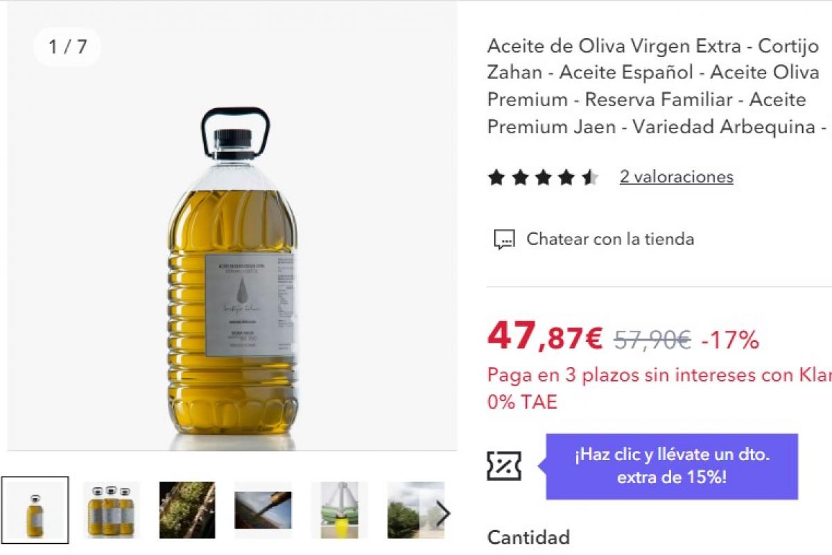 Garrafa de aceite de oliva de Cortijo Zahan en 'Miravia'.
