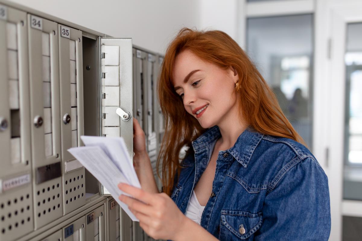 Una mujer recogiendo las cartas de su buzón.
