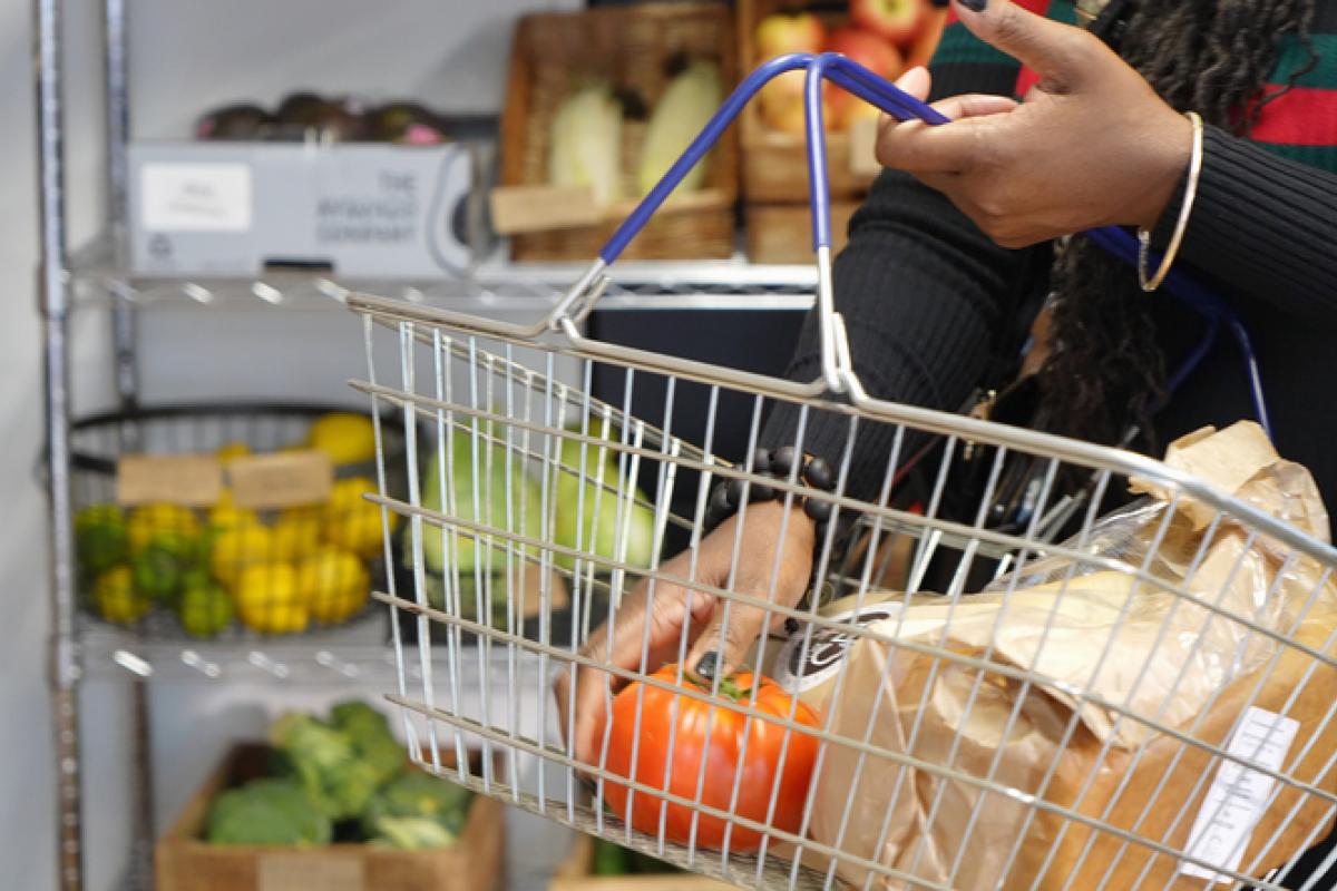 Imagen de archivo de un tomate en una cesta de la compra.