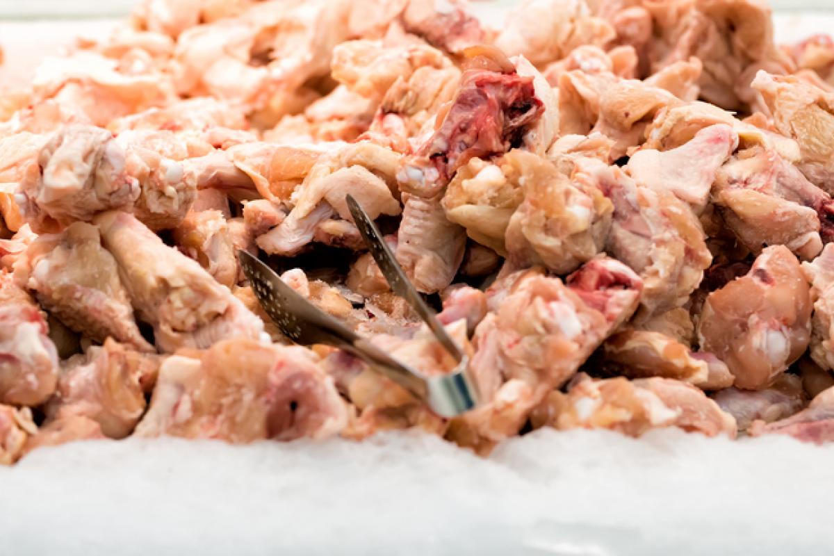 Imagen de archivo de piezas de pollo congeladas.