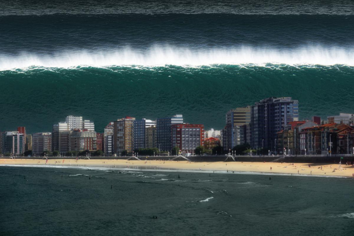 Ilustración de un grupo de edificios a punto de ser devorados por ola gigantesca de un tsunami.