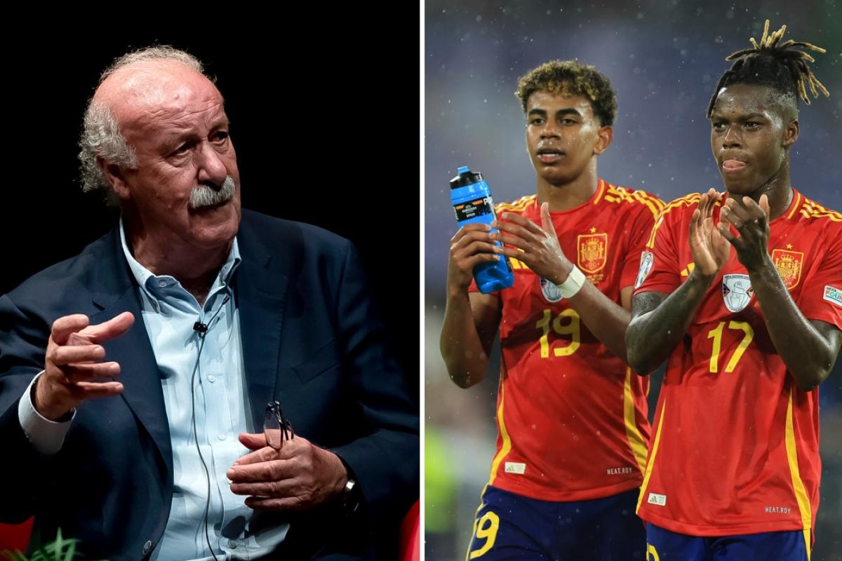 Fotomontaje de Vicente del Bosque, Lamine Yamal y Nico Williams.