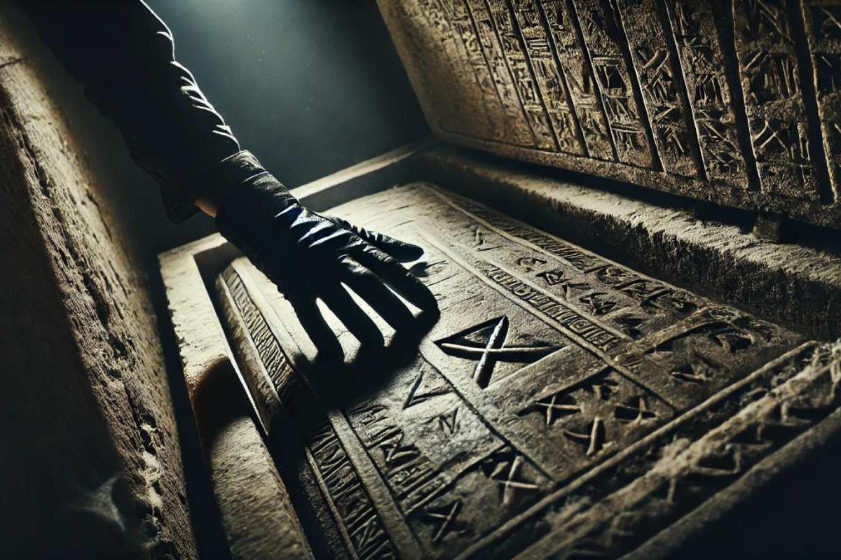 Un arqueologo a punto de abrir una cripta antigua