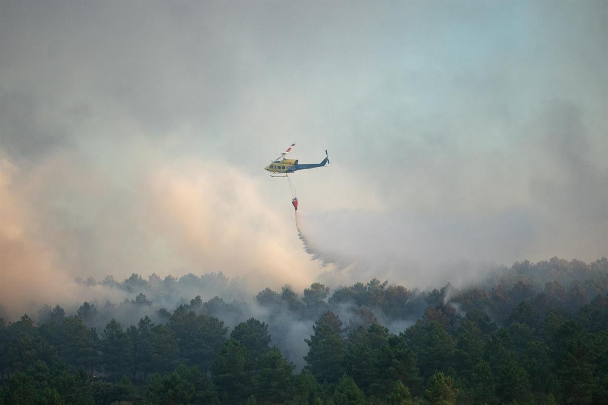 Varios efectivos aéreos actúan durante un incendio forestal, a 17 de agosto de 2024, en Trabazos, Zamora