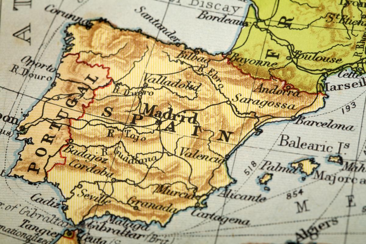 Imagen de archivo de la Península Ibérica, vista en un mapa.